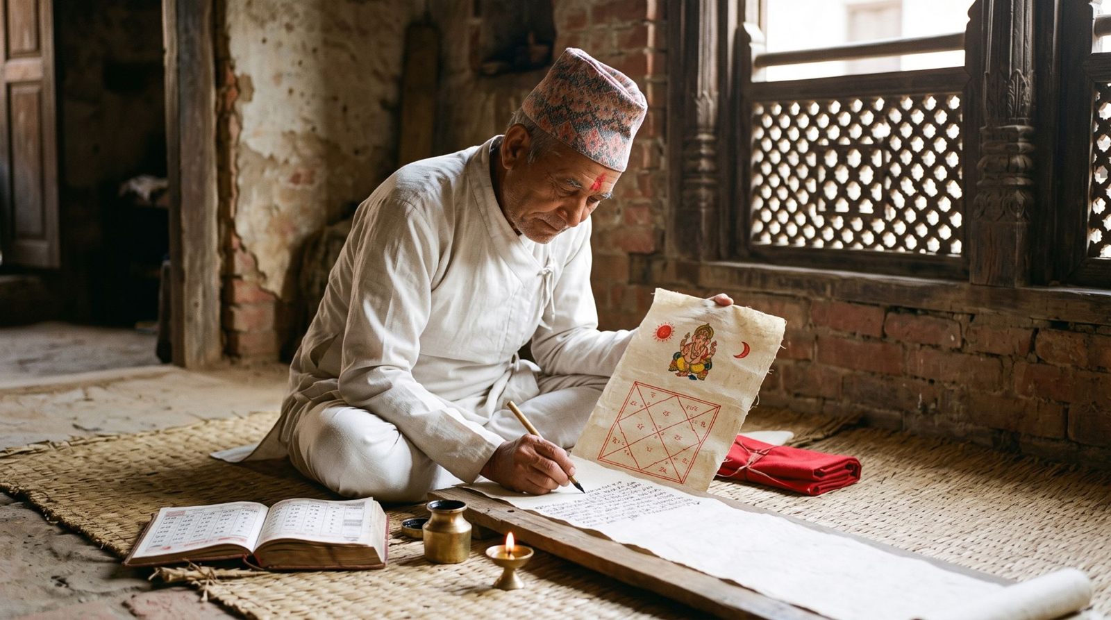 An elderly jyotishi writing a baby's cheena on a lokta paper scroll
