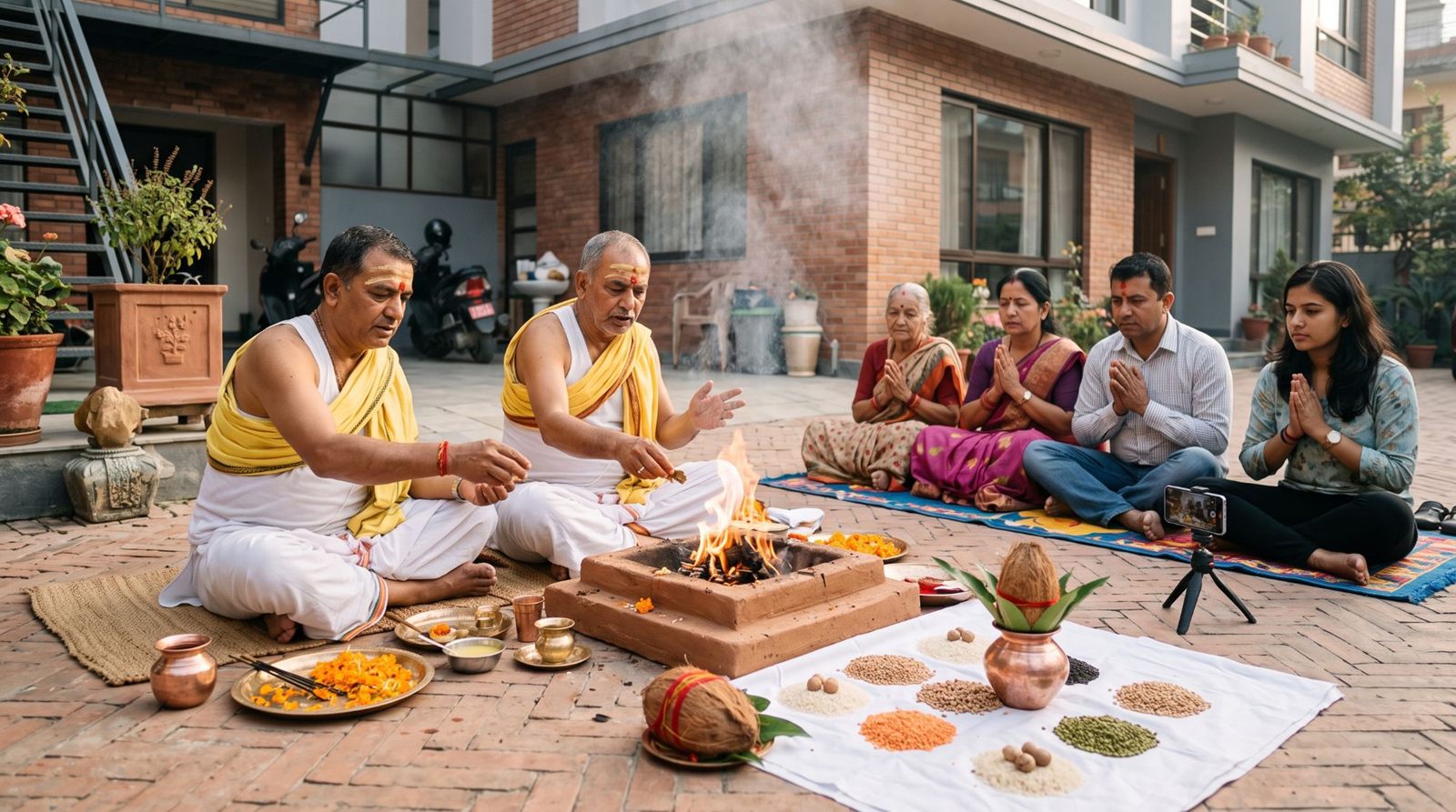 Purohits performing a graha shanti havan beside a navagraha mandala of nine grains