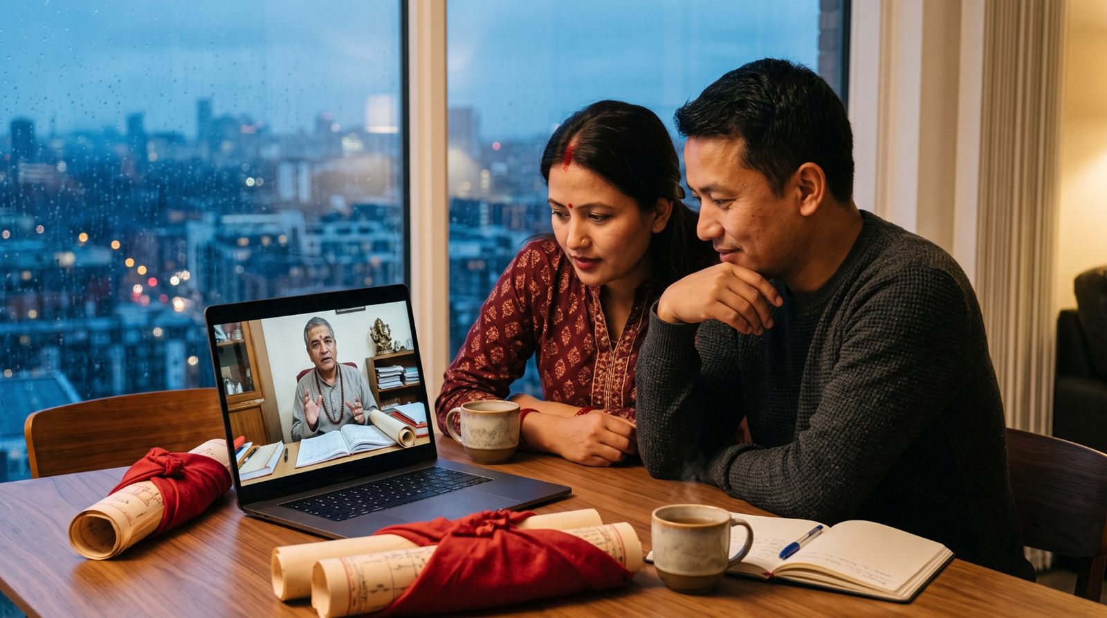 A Nepali couple abroad on a video consultation with a jyotishi in Kathmandu