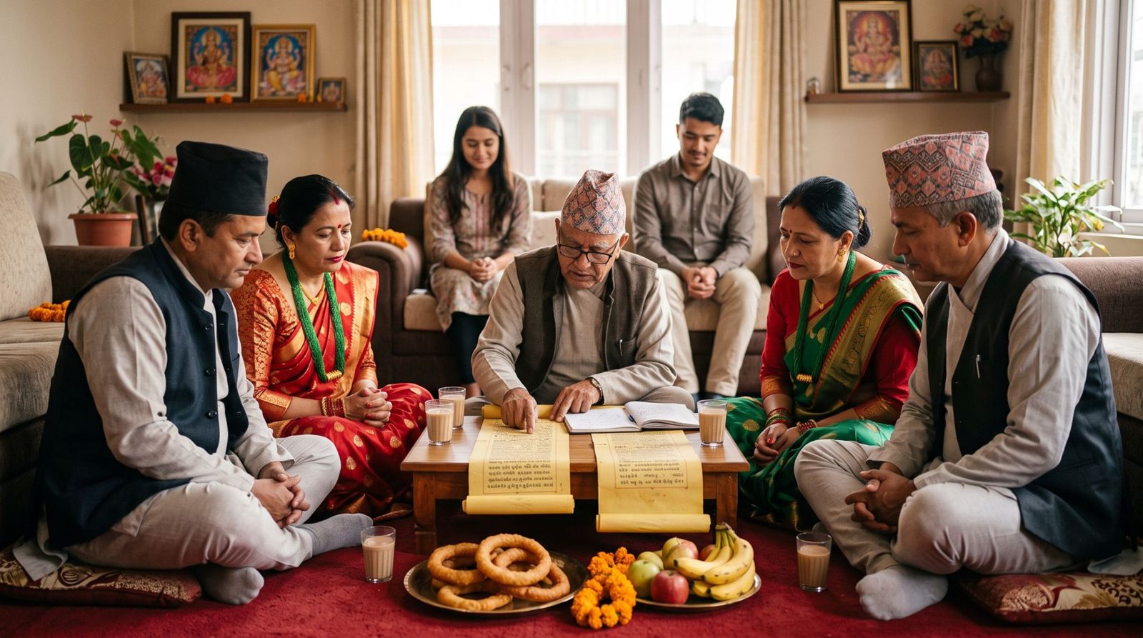 Two families watching a jyotishi match two cheenas before a wedding