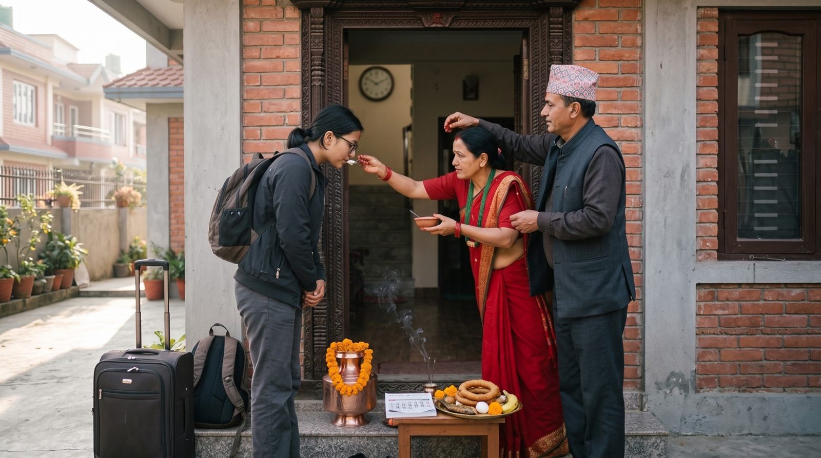Parents giving sagun and tika at the doorway before their daughter travels abroad